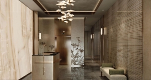 Phối cảnh quầy lễ tân và sảnh thang máy của chung cư Landmark 35 Hạ Long